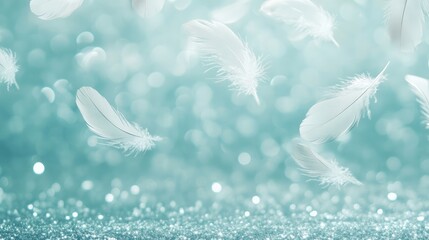 Poster - A cluster of tiny stars and floating feathers on a dreamy sky, magical cute background with copy space.