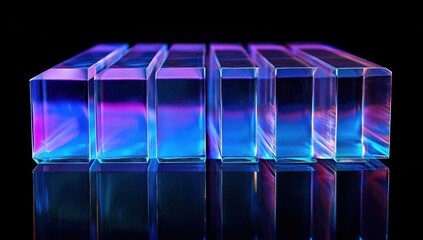 Poster - Illuminated translucent blocks reflecting on a dark surface.
