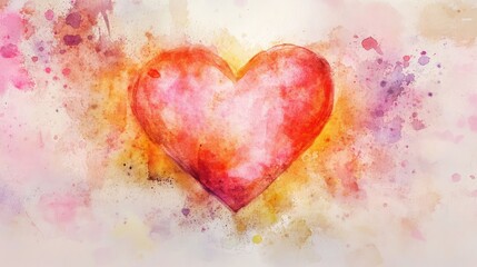 Poster - A delicate watercolor heart in soft pastel tones, surrounded by a blank canvas of light colors, perfect for a customizable background with room for copy.