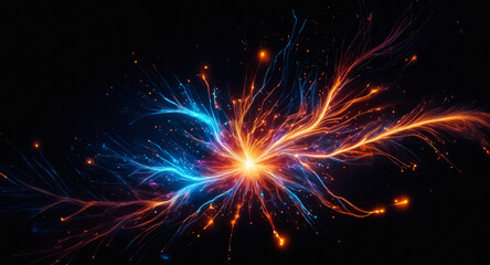 Aufkleber - Vibrant light bursts from the center, casting dynamic blue and orange energy streaks across a dark backdrop. Abstract and energetic display of light and color.