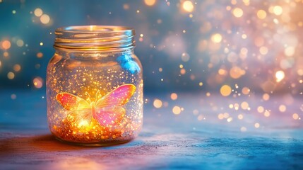 Poster - A glowing firefly jar with a soft dreamy glow in pastel tones, magical cute background with copy space.
