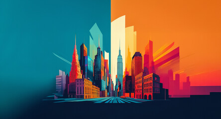 Fototapete - Vibrant cityscape with colorful buildings in abstract style. Split blue and orange background creates a striking urban skyline with various building shapes.