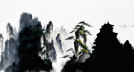 Aufkleber - Monochrome ink wash painting of a serene mountain landscape.  Dark, misty peaks rise behind a pagoda silhouette and trees against a bright sky. Tranquil scene.