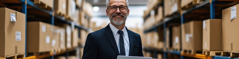 Wall Mural - A man in a suit is smiling and holding a box. He is standing in a warehouse. The warehouse is filled with boxes and shelves