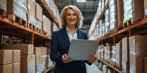 Wall Mural - A woman in a blue suit holding a laptop in a warehouse. She is smiling and she is happy