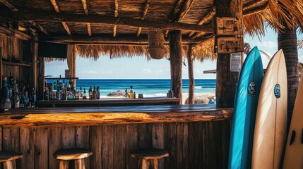Poster - A rustic wooden beach bar with straw roofing, surfboards resting against the side, tropical summer vacation background with copy space.