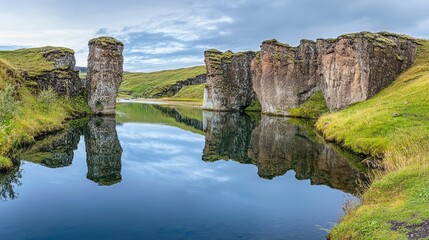 Poster - A scenic fjord with towering cliffs reflecting in still waters, dramatic nature travel background with copy space.
