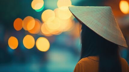 Woman in Conical Hat  Night City Lights Bokeh