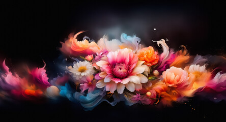 Aufkleber - Vibrant floral display on dark backdrop.  Flowers in bloom with soft, pastel hues blend seamlessly with dramatic, dark background.  Artistic and colorful.