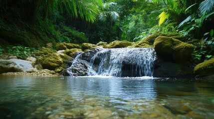 Poster - A small tropical waterfall cascading into a natural pool surrounded by lush green jungle, hidden summer paradise background with copy space.