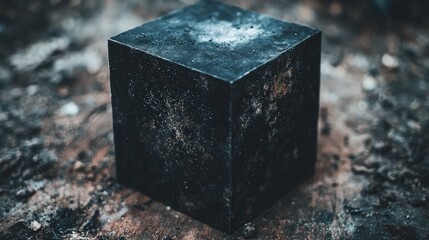 Poster - Solid black cube elegantly positioned on a rustic wooden surface showcasing minimalist design