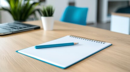 Wall Mural - Blank Notepad and Blue Pencil on Light Wood Desk