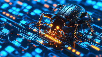 Glowing cybersecurity bug in neon lights – futuristic concept for hacking, malware, and digital security visuals