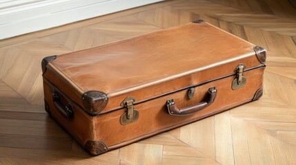 Poster - A vintage brown leather suitcase on a wooden floor with soft natural light, spacious copy space in the background, travel concept.