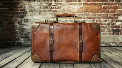Poster - A vintage brown leather suitcase on a wooden floor with soft natural light, spacious copy space in the background, travel concept.