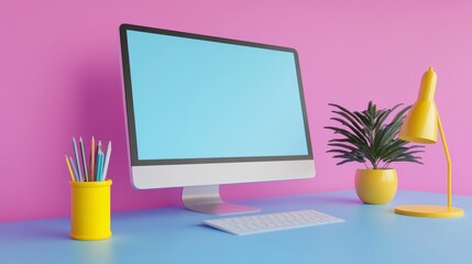 Wall Mural - Computer with Blank Blue Screen and Yellow Desk Lamp on a Pink and Blue Desk