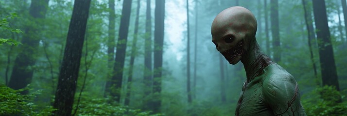 Wall Mural - A creepy alien is walking through a forest. The forest is lush and green, with trees towering over the alien. Scene is eerie and unsettling