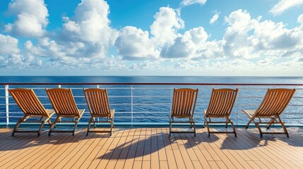 Poster - Deck of a cruise ship with empty lounge chairs facing the horizon, open ocean view with plenty of copy space.