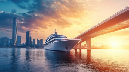 Poster - Luxury cruise ship passing under a grand bridge, city skyline in the background, spacious copy space.