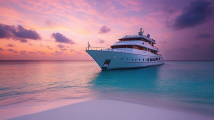 Poster - Luxury yacht-style cruise ship anchored near a secluded beach, soft pastel sky, spacious copy space.