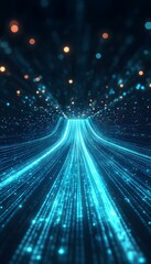 Wall Mural - blue glowing streams converge amid blurry orange bokeh lights