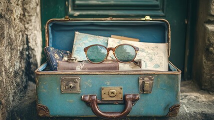 Poster - open vintage suitcase filled with travel souvenirs, nostalgic composition, copy space.