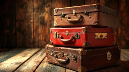 Poster - Stack of vintage suitcases on a wooden surface, warm lighting, nostalgic travel mood, copy space for text or branding.