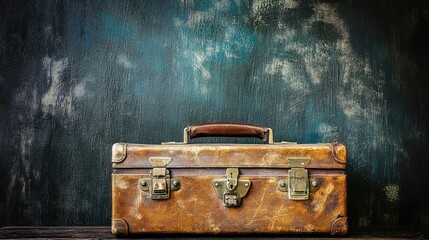 Poster - Stylish suitcase placed against a dark concrete wall, moody and artistic travel theme, copy space.