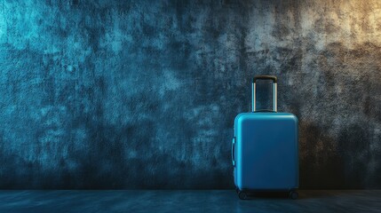 Poster - Stylish suitcase placed against a dark concrete wall, moody and artistic travel theme, copy space.