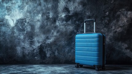 Poster - Stylish suitcase placed against a dark concrete wall, moody and artistic travel theme, copy space.