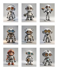 Poster - Nine cartoonish robots with big eyes are displayed in a grid format, each in a different pose and slightly varying design against a neutral backdrop.