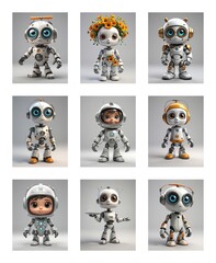 Poster - Cute cartoon robots collection, each with unique head accessory like antenna, flower, or headphone. White and silver bodies with orange accents, standing on white.