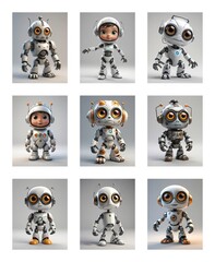 Aufkleber - Nine charming cartoon robots with large, expressive eyes are showcased on a neutral backdrop. These whimsical robots are in different stances, highlighting their white and grey metallic forms and dist