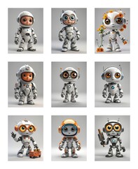 Poster - Nine cartoonish robots with big eyes and different features stand against a gray background, showcasing a variety of styles and details.