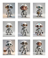 Poster - Nine charming cartoon robots with large eyes and white bodies stand against a plain white backdrop. Each robot, while similar, features unique details like antennas, helmets, and accessories.
