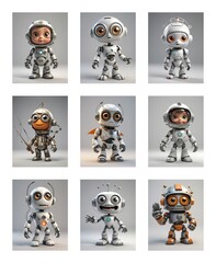 Poster - Collection of nine cartoon robots with diverse designs, standing on a white background. Each robot has a unique and playful look.