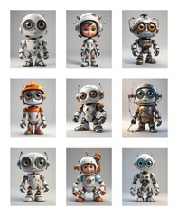 Poster - Nine cartoon robots are showcased in a grid, each featuring unique designs, poses, and equipment, presenting a collection of diverse, cute, and futuristic robotic characters.