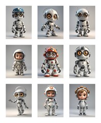 Poster - Nine charming cartoon robots with big eyes and white bodies are displayed. Each robot wears different headgear, including helmets and headphones, adding unique styles.