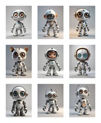 Poster - Collection of nine charming robots with diverse head shapes, some animal-like, others mechanical, all isolated on a white studio background.