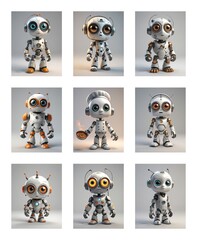 Poster - Nine small, cute robots with big eyes are arranged in a grid. They are white and grey with orange accents, some with accessories, on a plain background.
