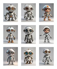 Poster - Nine cartoon robots with large eyes are arranged in a grid. Each robot features a unique design with elements like headphones and antennas on a plain background.