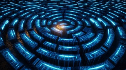 Fototapete - Glowing Blue Circular Maze 3D Render Abstract Digital Art