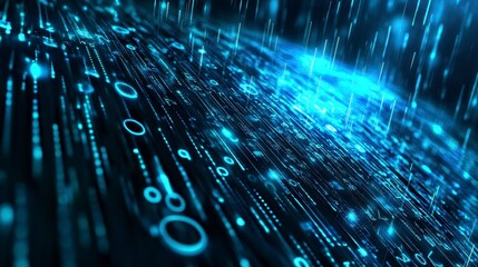 Fototapete - Glowing Blue Digital Data Stream Abstract Visualization