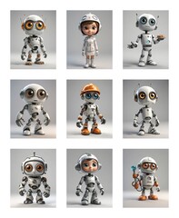 Poster - Cute cartoon robots and a child in a white suit pose against a plain background. Robots have big eyes, some are wearing hats.