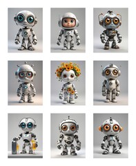 Poster - Cute cartoon robots with large eyes and antennas stand against a white backdrop. Various designs showcase unique features and metallic bodies.