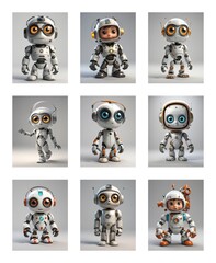 Poster - Nine cute cartoon robots with big eyes and metallic bodies stand on white. Some robots have helmets and different head designs.