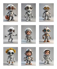 Poster - Nine cute cartoon robots are showcased in different poses and styles, some feature helmets, flowers, or are holding objects.