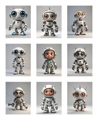 Poster - Nine toy robots with metallic bodies and big eyes stand on a white surface. Each robot has a unique design, showcasing variations in style and features.