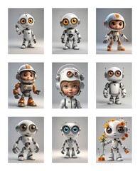 Poster - Nine cartoon robots in various poses are displayed against a plain backdrop. Some robots have helmets or headphones and some hold flowers.
