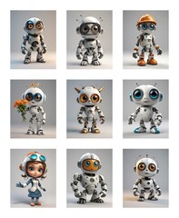 Poster - A collection of nine cartoonish robot illustrations and one cartoonish girl in a grid layout. The robots are diverse with varied colors, eyes, and features, all on a white background.